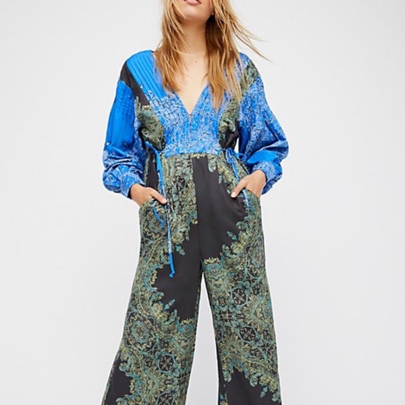 Free People blooming fields blue green jumpsuit - Picture 4 of 10